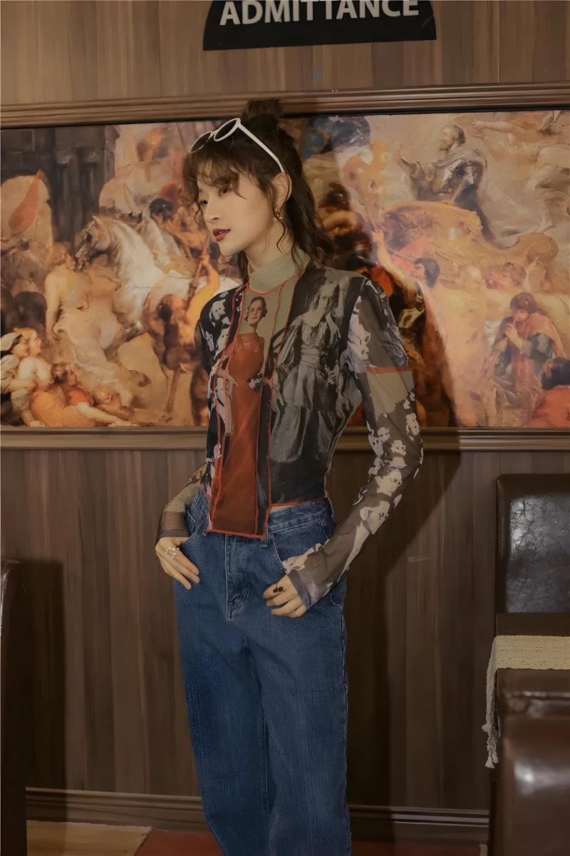 Style Core Aesthetics, New Style Trends - Vintage Asymmetric Patch Mesh Top Style Core Aesthetics, New Style Trends - Vintage Asymmetric Patch Mesh Top