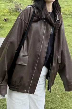 Style Core Aesthetics, New Style Trends - Vintage Brown Lapel Neck Zip Up Leather Jacket