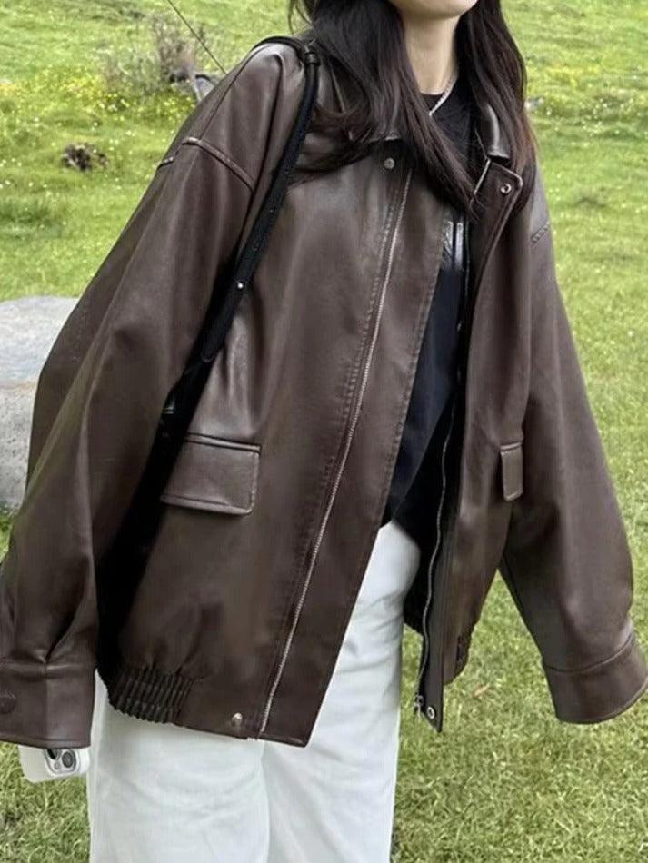Style Core Aesthetics, New Style Trends - Vintage Brown Lapel Neck Zip Up Leather Jacket Style Core Aesthetics, New Style Trends - Vintage Brown Lapel Neck Zip Up Leather Jacket