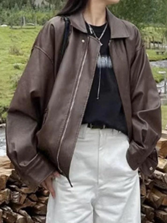 Style Core Aesthetics, New Style Trends - Vintage Brown Lapel Neck Zip Up Leather Jacket Style Core Aesthetics, New Style Trends - Vintage Brown Lapel Neck Zip Up Leather Jacket