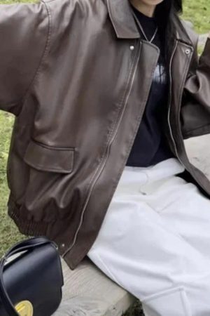 Style Core Aesthetics, New Style Trends - Vintage Brown Lapel Neck Zip Up Leather Jacket