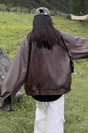 Style Core Aesthetics, New Style Trends - Vintage Brown Lapel Neck Zip Up Leather Jacket