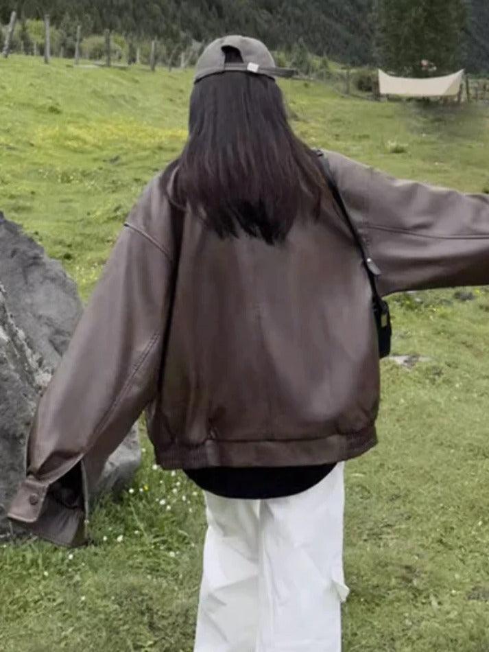 Style Core Aesthetics, New Style Trends - Vintage Brown Lapel Neck Zip Up Leather Jacket Style Core Aesthetics, New Style Trends - Vintage Brown Lapel Neck Zip Up Leather Jacket