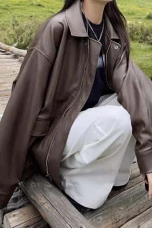Style Core Aesthetics, New Style Trends - Vintage Brown Lapel Neck Zip Up Leather Jacket