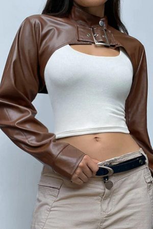 Style Core Aesthetics, New Style Trends - Vintage Brown Ultra Short Metal Buckle Leather Jacket