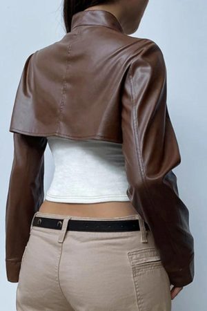 Style Core Aesthetics, New Style Trends - Vintage Brown Ultra Short Metal Buckle Leather Jacket