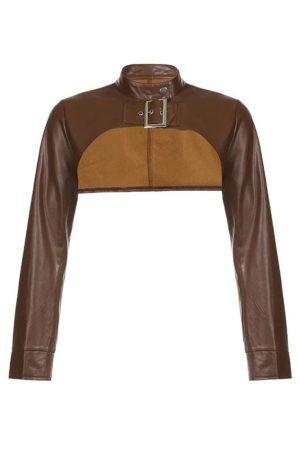Style Core Aesthetics, New Style Trends - Vintage Brown Ultra Short Metal Buckle Leather Jacket
