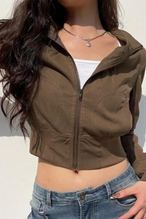 Style Core Aesthetics, New Style Trends - Vintage Brown Zip Up Slim Short Jacket