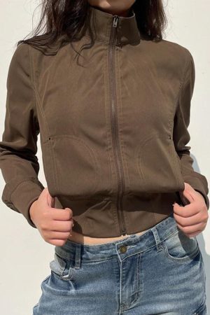 Style Core Aesthetics, New Style Trends - Vintage Brown Zip Up Slim Short Jacket