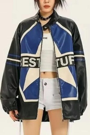 Style Core Aesthetics, New Style Trends - Vintage Contrast Color Star Leather Loose Jacket