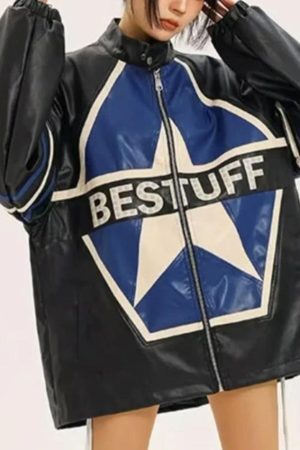 Style Core Aesthetics, New Style Trends - Vintage Contrast Color Star Leather Loose Jacket