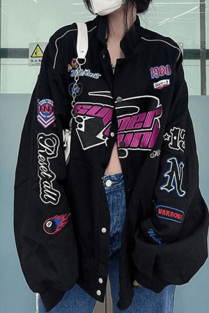 Style Core Aesthetics, New Style Trends - Vintage Embroidered Button-Down Motorcycle Varsity Jacket