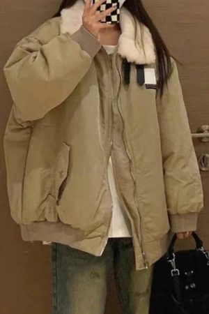 Style Core Aesthetics, New Style Trends - Vintage Fuzzy Collar Zip Up Jacket