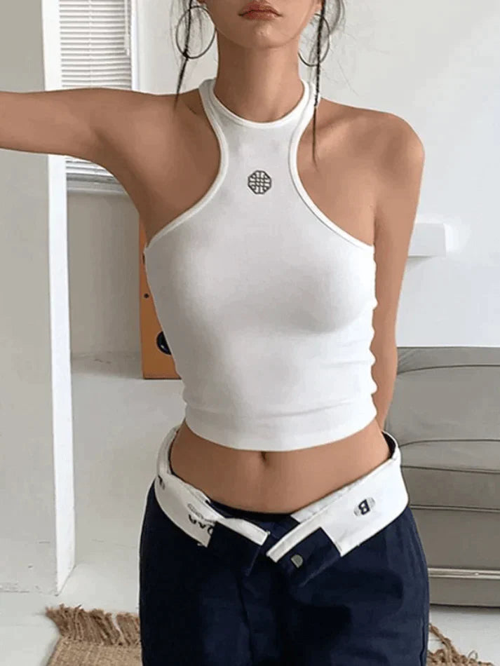 Style Core Aesthetics, New Style Trends - White Logo Ribbed Cropped Tank Top Style Core Aesthetics, New Style Trends - White Logo Ribbed Cropped Tank Top