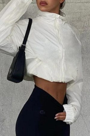 Style Core Aesthetics, New Style Trends - White Stretchy Hem Cargo Style Thin Crop Jacket
