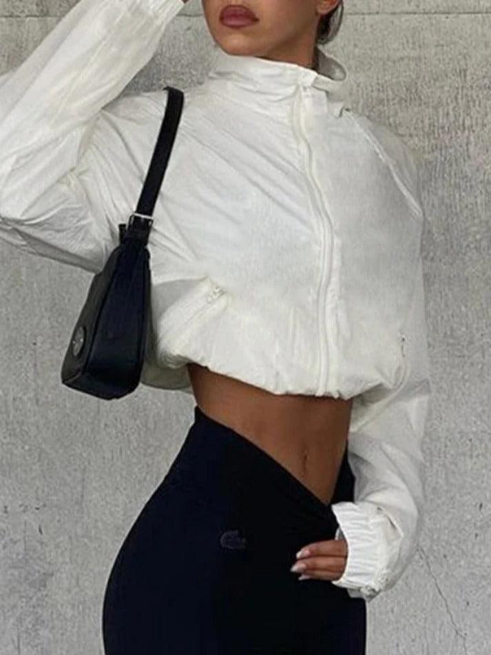 Style Core Aesthetics, New Style Trends - White Stretchy Hem Cargo Style Thin Crop Jacket Style Core Aesthetics, New Style Trends - White Stretchy Hem Cargo Style Thin Crop Jacket