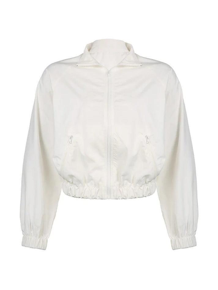 Style Core Aesthetics, New Style Trends - White Stretchy Hem Cargo Style Thin Crop Jacket Style Core Aesthetics, New Style Trends - White Stretchy Hem Cargo Style Thin Crop Jacket