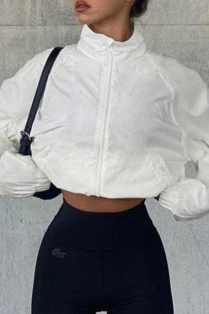 Style Core Aesthetics, New Style Trends - White Stretchy Hem Cargo Style Thin Crop Jacket