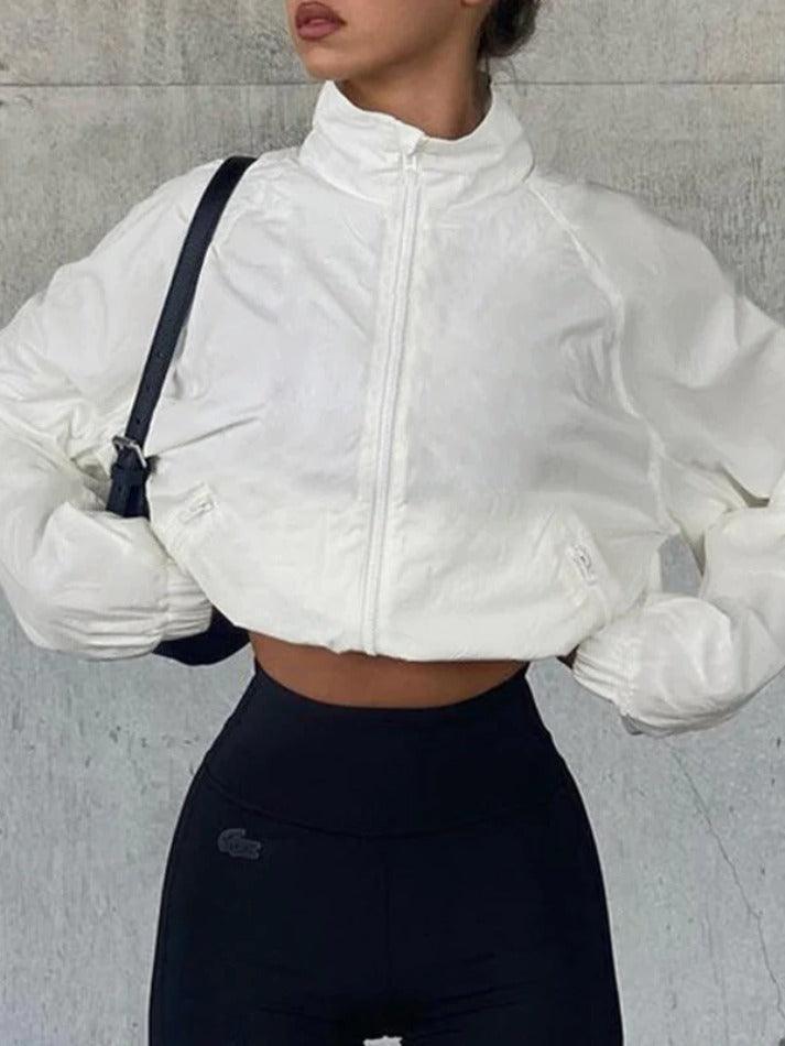 Style Core Aesthetics, New Style Trends - White Stretchy Hem Cargo Style Thin Crop Jacket Style Core Aesthetics, New Style Trends - White Stretchy Hem Cargo Style Thin Crop Jacket