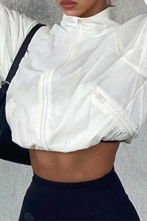 Style Core Aesthetics, New Style Trends - White Stretchy Hem Cargo Style Thin Crop Jacket