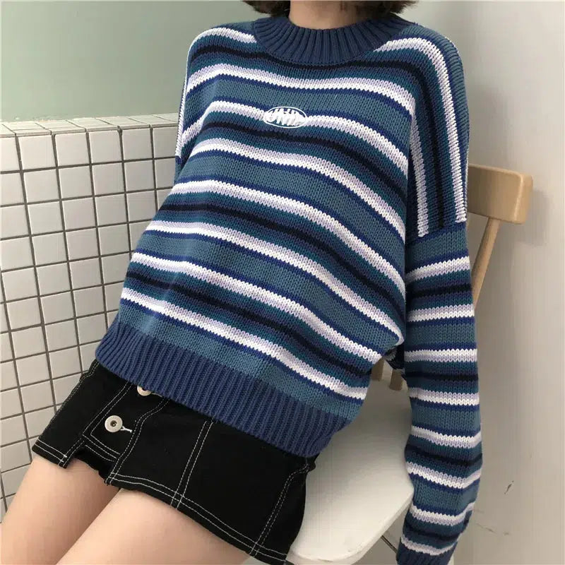 Style Core Aesthetics, New Style Trends - Wide Sleeved Striped Knitted Sweater Style Core Aesthetics, New Style Trends - Wide Sleeved Striped Knitted Sweater