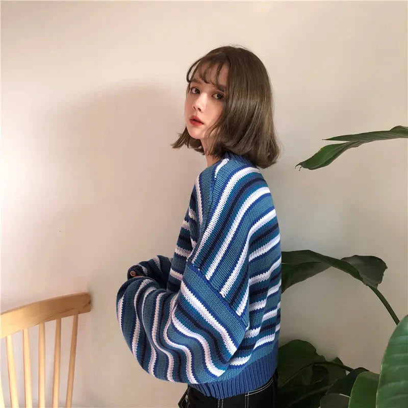Style Core Aesthetics, New Style Trends - Wide Sleeved Striped Knitted Sweater Style Core Aesthetics, New Style Trends - Wide Sleeved Striped Knitted Sweater