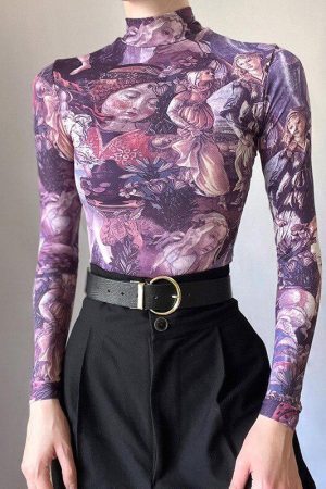 Style Core Aesthetics, New Style Trends - Y2K Angel Graphic Mesh Top