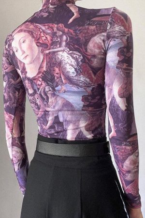 Style Core Aesthetics, New Style Trends - Y2K Angel Graphic Mesh Top