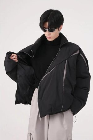Style Core Aesthetics, New Style Trends - Y2K Asymmetrical Zipper Puffer Jacket