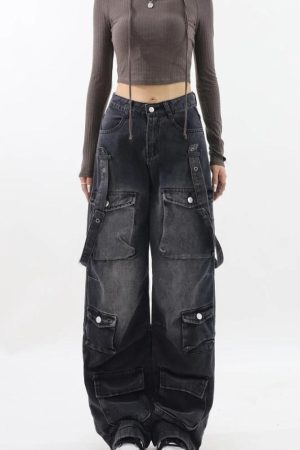 Style Core Aesthetics, New Style Trends - Y2K Belted Dark Wash Cargo Jeans