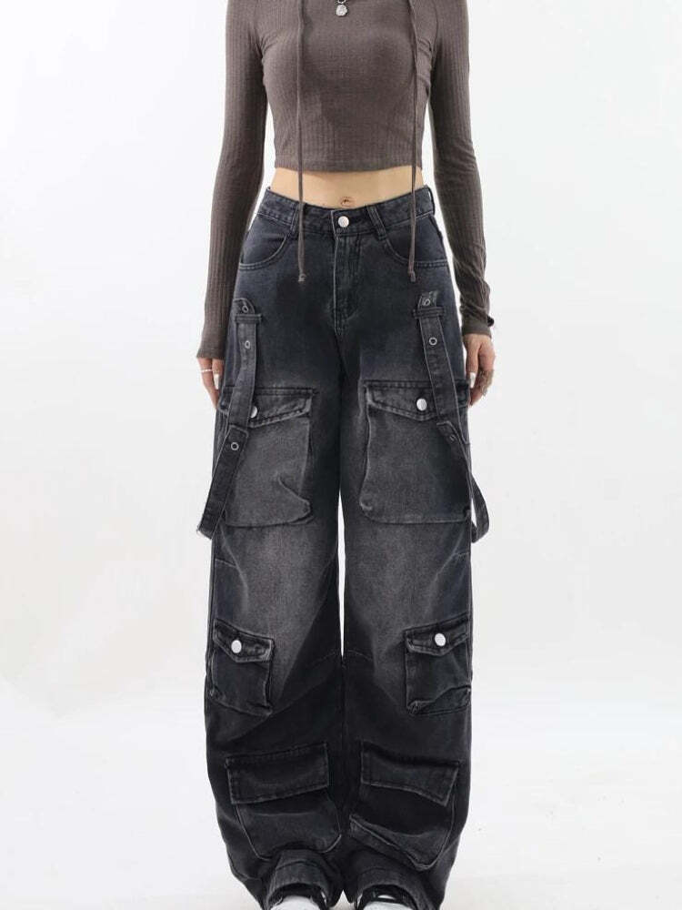 Style Core Aesthetics, New Style Trends - Y2K Belted Dark Wash Cargo Jeans Style Core Aesthetics, New Style Trends - Y2K Belted Dark Wash Cargo Jeans