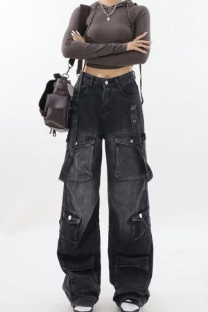 Style Core Aesthetics, New Style Trends - Y2K Belted Dark Wash Cargo Jeans