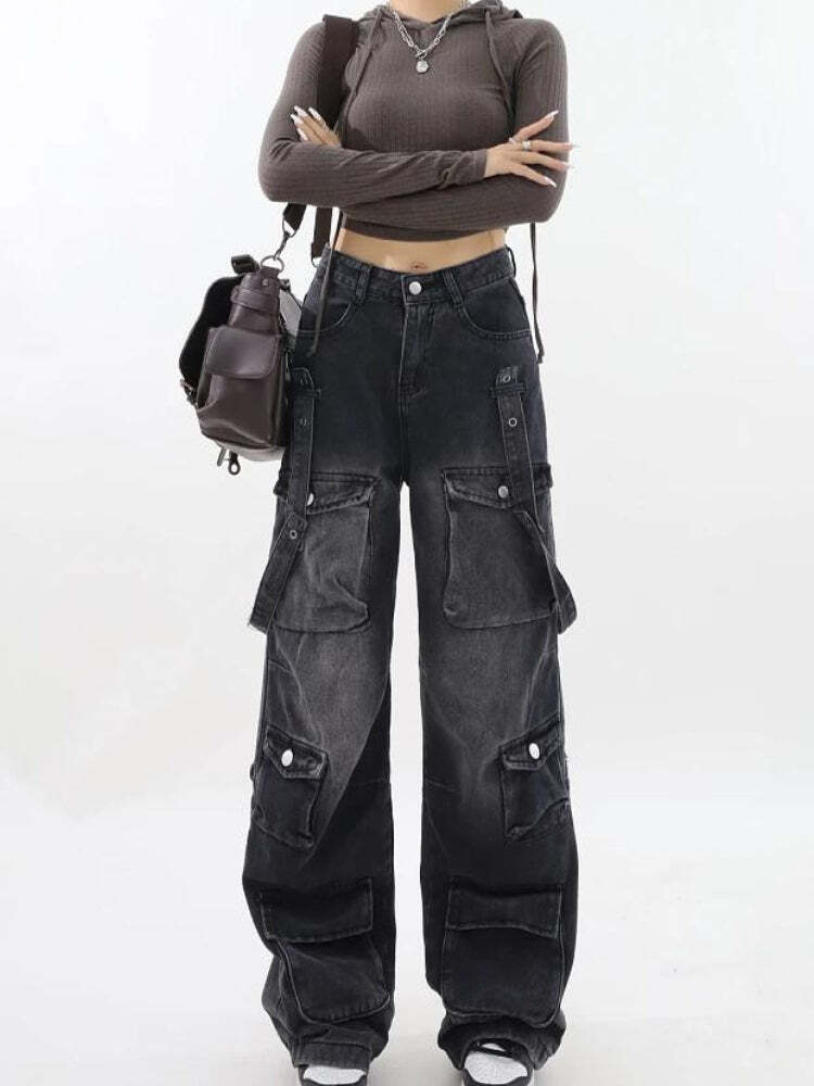 Style Core Aesthetics, New Style Trends - Y2K Belted Dark Wash Cargo Jeans Style Core Aesthetics, New Style Trends - Y2K Belted Dark Wash Cargo Jeans
