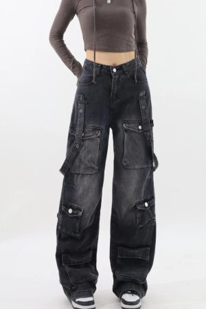 Style Core Aesthetics, New Style Trends - Y2K Belted Dark Wash Cargo Jeans