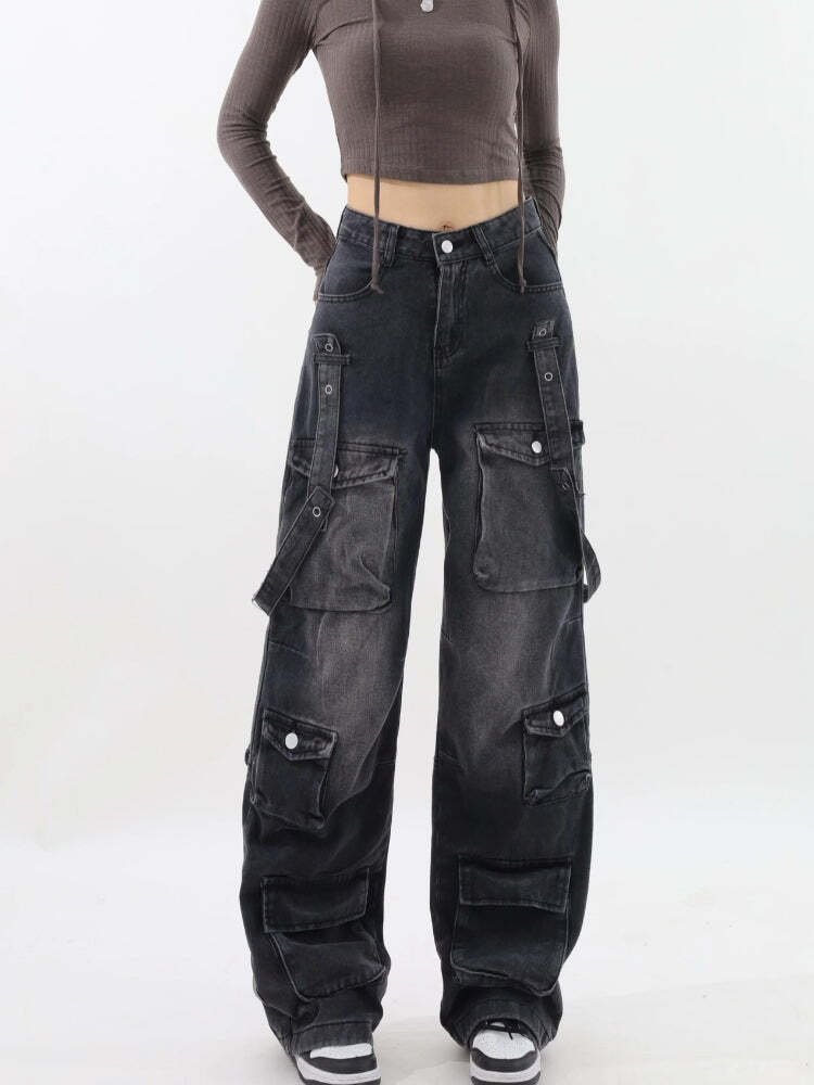 Style Core Aesthetics, New Style Trends - Y2K Belted Dark Wash Cargo Jeans Style Core Aesthetics, New Style Trends - Y2K Belted Dark Wash Cargo Jeans
