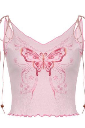 Style Core Aesthetics, New Style Trends - Y2K Butterfly Pink Crop Top