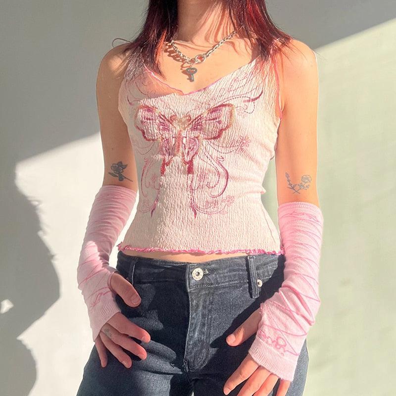 Style Core Aesthetics, New Style Trends - Y2K Butterfly Pink Crop Top