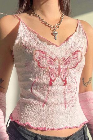 Style Core Aesthetics, New Style Trends - Y2K Butterfly Pink Crop Top