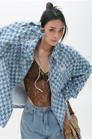 Style Core Aesthetics, New Style Trends - Y2K Checkered Zip Up Jacket