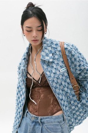 Style Core Aesthetics, New Style Trends - Y2K Checkered Zip Up Jacket