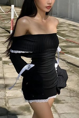 Style Core Aesthetics, New Style Trends - Y2K Corduroy Off Shoulder Bow Mini Dress