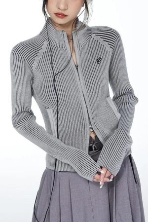 Style Core Aesthetics, New Style Trends - Y2K Cyber Zip-Up Turtleneck Cardigan
