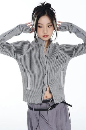 Style Core Aesthetics, New Style Trends - Y2K Cyber Zip-Up Turtleneck Cardigan