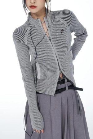 Style Core Aesthetics, New Style Trends - Y2K Cyber Zip-Up Turtleneck Cardigan