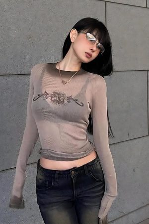 Style Core Aesthetics, New Style Trends - Y2K Cyberpunk Sigilism Sheer Top