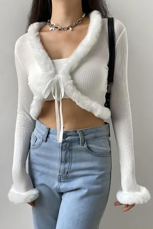 Style Core Aesthetics, New Style Trends - Y2K Faux Fur Corduroy Crop Cardigan