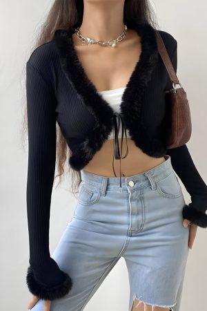 Style Core Aesthetics, New Style Trends - Y2K Faux Fur Corduroy Crop Cardigan