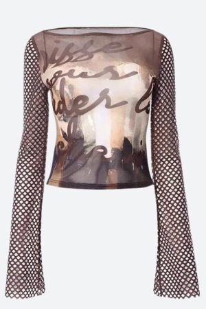 Style Core Aesthetics, New Style Trends - Y2K Fishnet Sleeve Mesh Top
