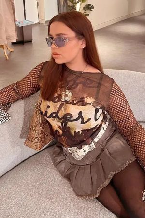 Style Core Aesthetics, New Style Trends - Y2K Fishnet Sleeve Mesh Top