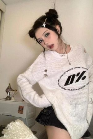 Style Core Aesthetics, New Style Trends - Y2K Grunge Distressed Knitted Sweater